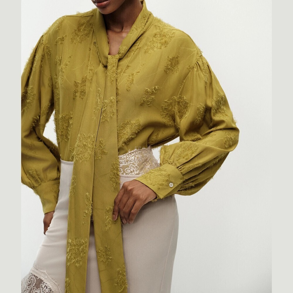Chartreuse Green Fil Coupe Textured Tie Neck Bishop Puff Sleeve Blouse